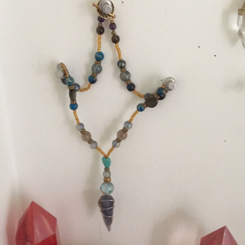 Iolite, Smokey Quartz, Aqua Aura Crystal Necklace Handmade One of a Kind